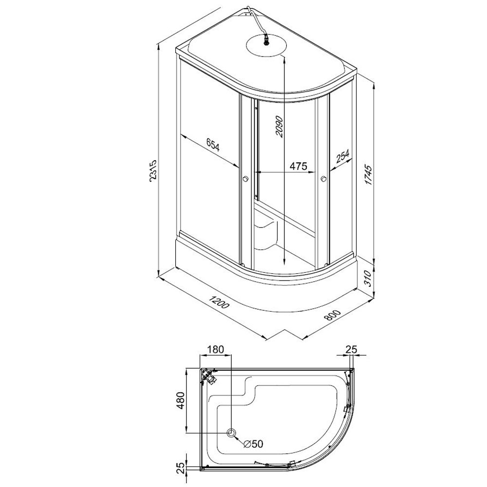 Кабина душевая 120х80х228, средн.поддон, верхний душ, лейка, мозаика ...